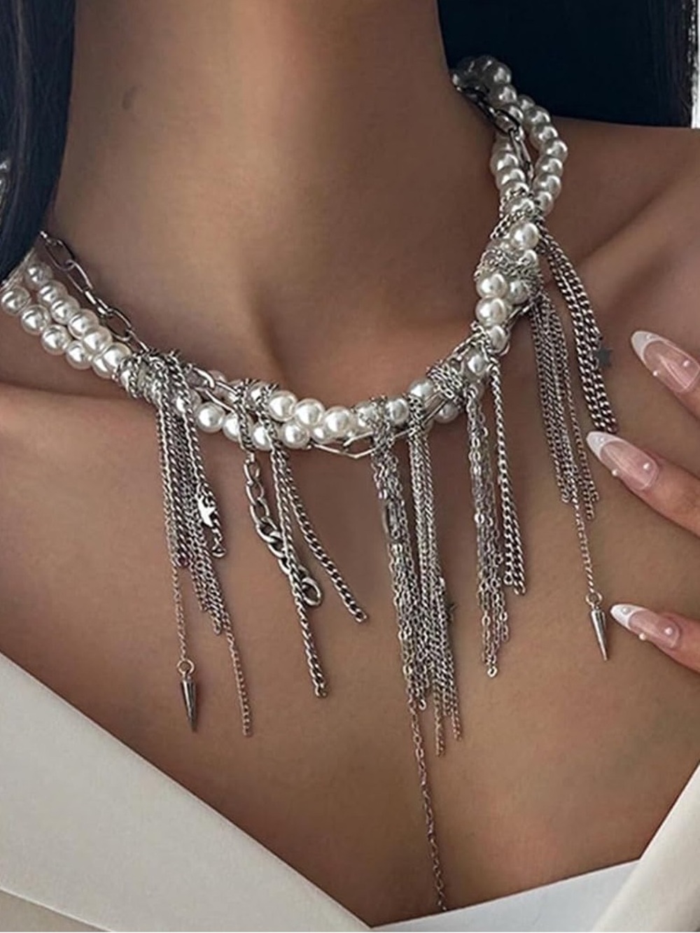 Pearl & Silver Fringe Statement Necklace
